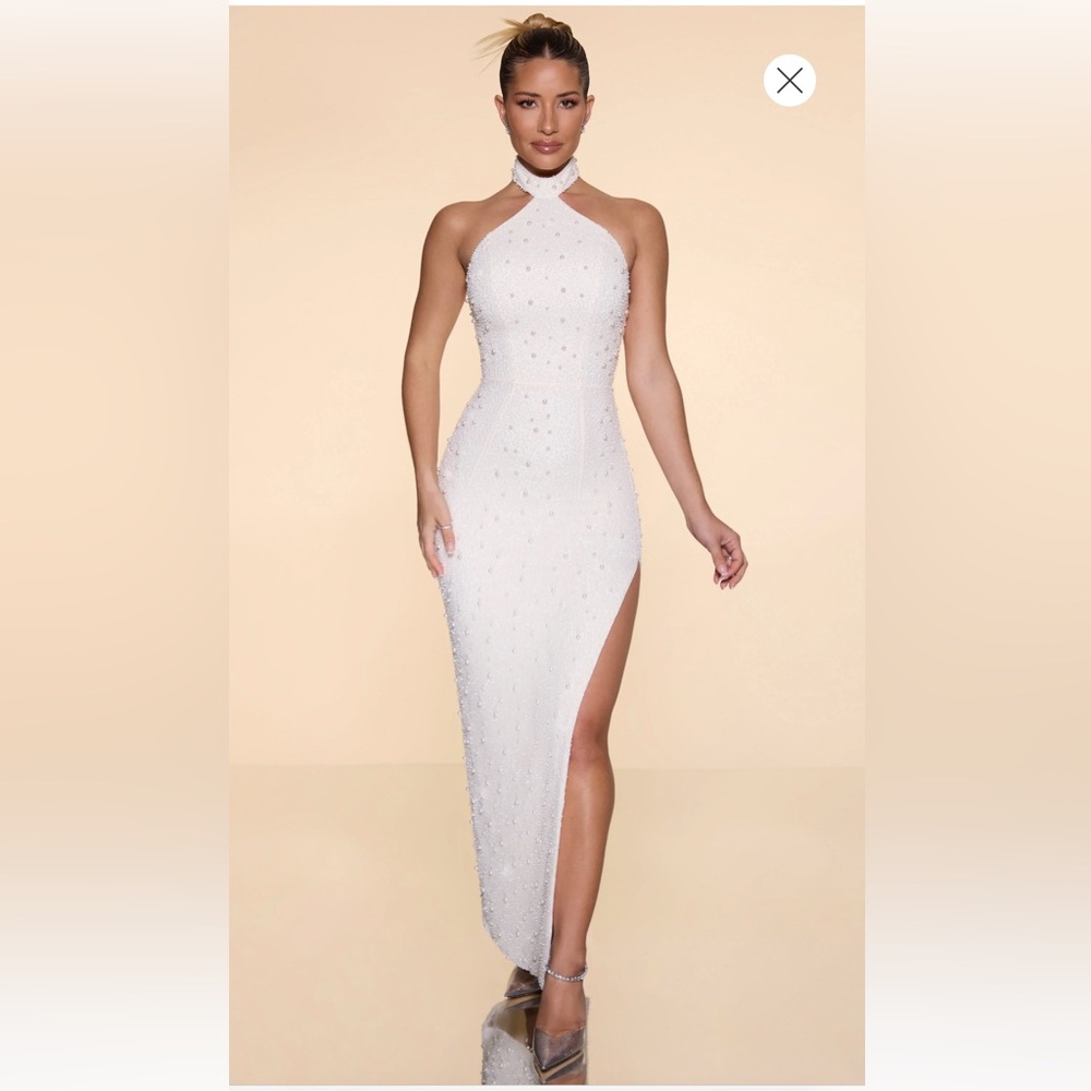 Oh Polly ‘Positano’ White Dress with high neck and embellishments